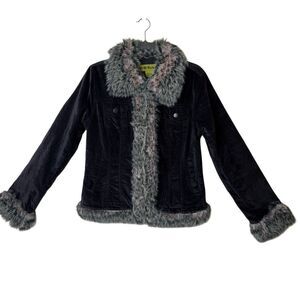 Vintage BB Dakota Black Cotton Velour Faux Fur Penny Lane Jacket Sz M/L Y2K
